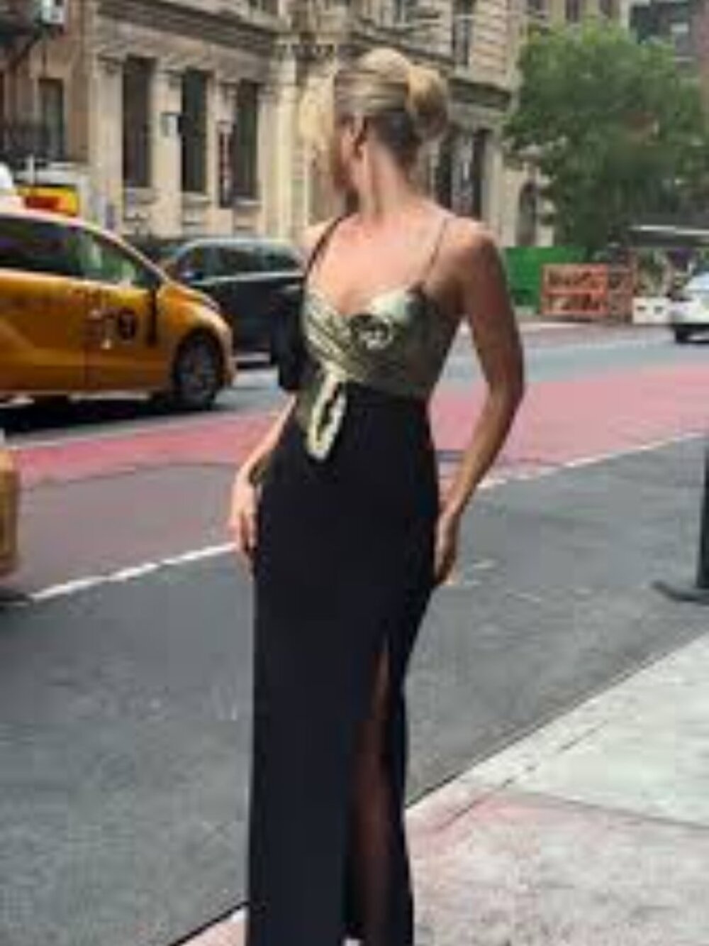 Liv Foster Anthropologie black gold combo twist bow column gown dress size 0